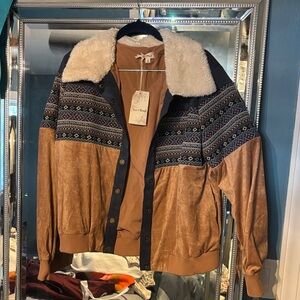 Hem & Thread Blue and Tan Jacket with Shearling Collar